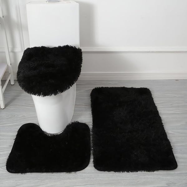 Eanpet Black Bathroom Rugs Sets 3Piece Bath Mat Solid Bath Rug Floor Mats Washable Shower Rug with U-Shaped Contour Rug Toile
